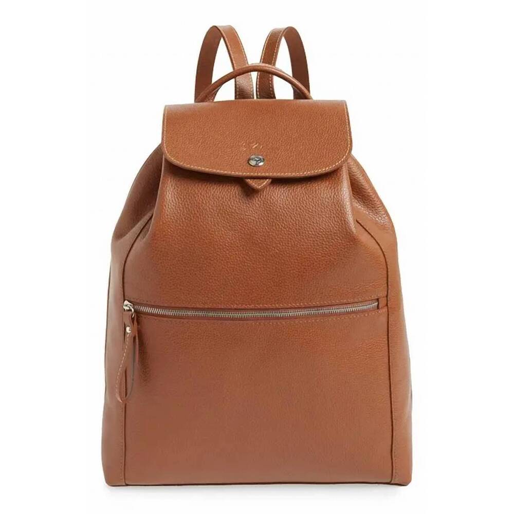 NEW LONGCHAMP leather backpack with zipper pocket in caramel